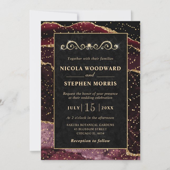 Invitación Elegante Marco de Oro con Agata Rojo Burdeos para  (Anverso)