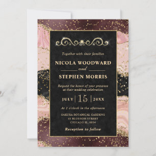 Invitación Elegante Marco de Oro con Agata Rosa y Negra para