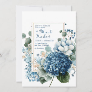 Invitación Elegante Marco de Oro con Hortensia Azul Polvorien