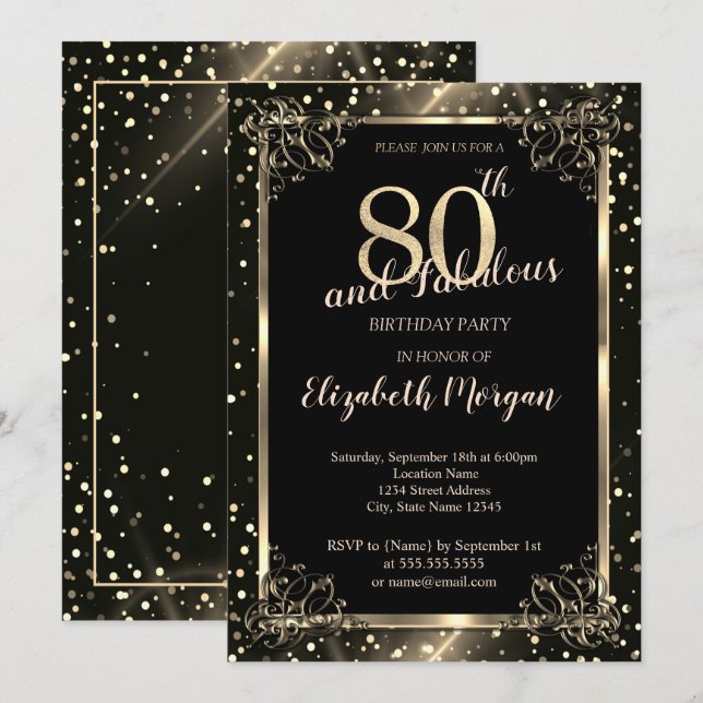 Invitación Elegante marco de oro, cumpleaños 80 puntos  (Anverso / Reverso)