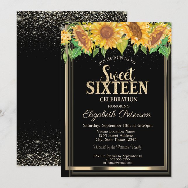 Invitación Elegante marco de oro de Confetti Sunflowers Sweet (Anverso / Reverso)