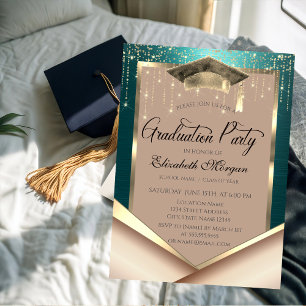 Invitación Elegante Marco de Oro Diamantes Verde Graduación