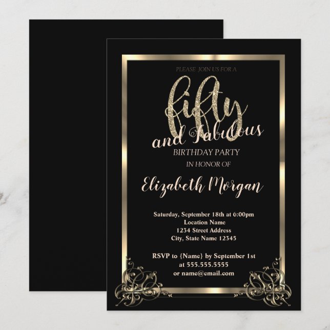 Invitación Elegante marco de oro, fiesta de cumpleaños número (Anverso / Reverso)