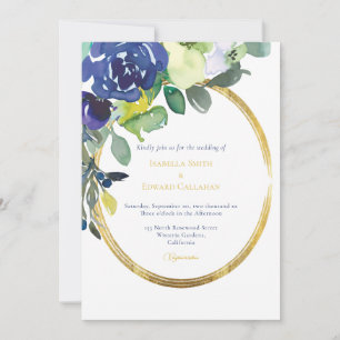 Invitación Elegante marco de oro floral acuarela navy blanco