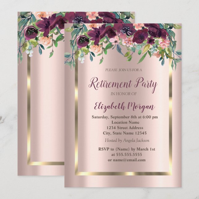 Invitación Elegante Marco de Oro, Flores Burdeos Jubilación (Anverso / Reverso)