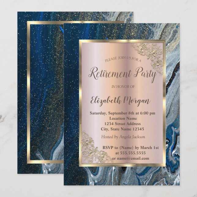Invitación Elegante Marco de Oro, Jubilación de Mármol Azul (Anverso / Reverso)
