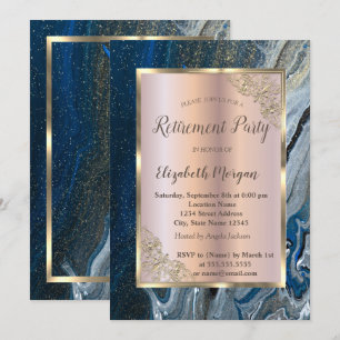 Invitación Elegante Marco de Oro, Jubilación de Mármol Azul