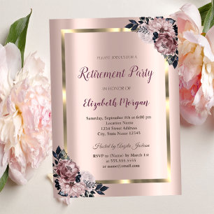 Invitación Elegante Marco de Oro, Jubilación Floral Rosa Oro