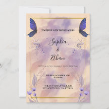 Elegante marco de oro mariposa púrpura boda