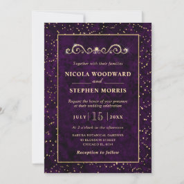 Invitación Elegante Marco de Oro Mármol Púrpura Boda