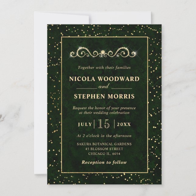 Invitación Elegante Marco de Oro Mármol Verde Boda (Anverso)