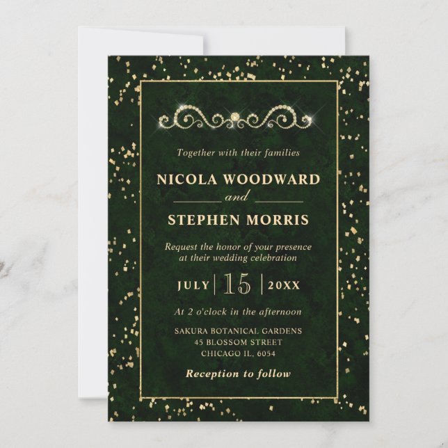 Invitación Elegante Marco de Oro Mármol Verde Boda (Anverso)