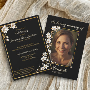 Invitación Elegante Marco de Oro Negro Magnolia Blanca Memori