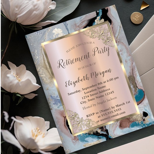 Invitación Elegante marco de oro, oro rosa, retiro de mármol (Subido por el creador)