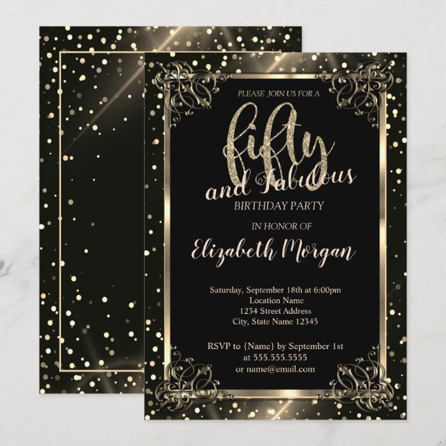 Invitación Elegante Marco de Oro, Puntos Cumpleaños 50 (Anverso / Reverso)