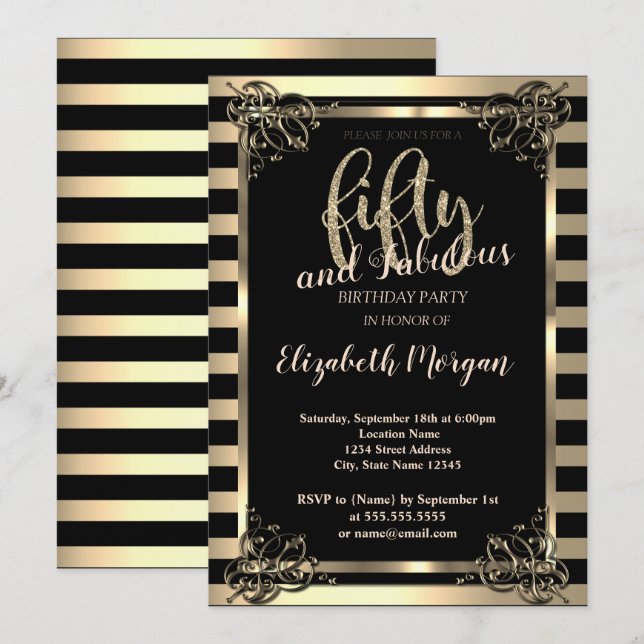 Invitación Elegante marco de oro, rayas fiesta de cumpleaños  (Anverso / Reverso)
