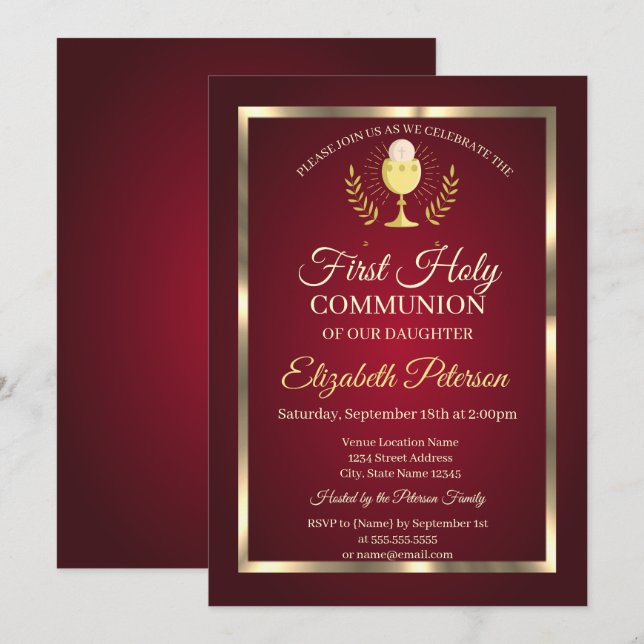 Invitación Elegante marco de oro rojo Primera Comunión (Anverso / Reverso)