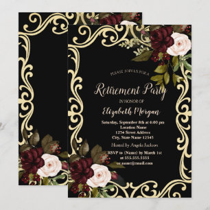 Invitación Elegante marco de oro Rosas Burdeos Jubilación Neg