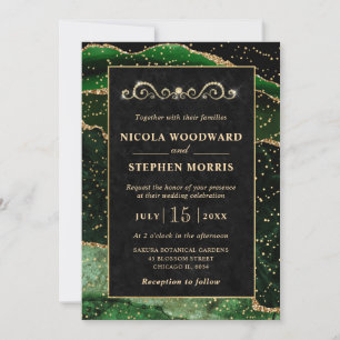 Invitación Elegante Marco de Oro Verde Agata Boda