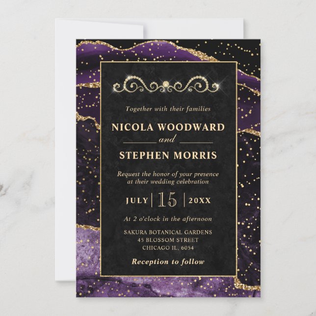Invitación Elegante marco de oro y agata morada para boda (Anverso)