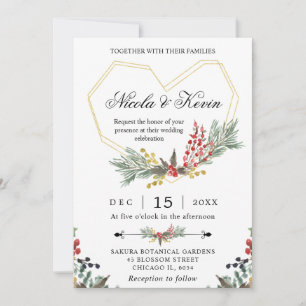 Invitación Elegante marco de oro y boda de follaje de acebo d