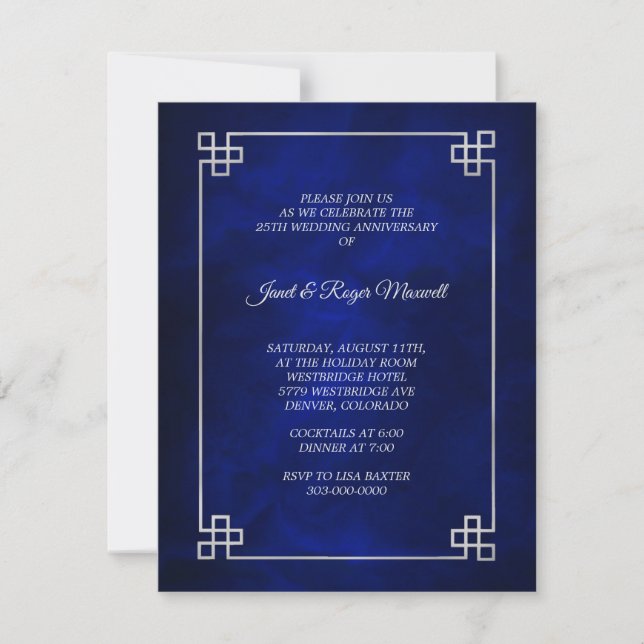 Invitación Elegante marco de plata azul para el 25º aniversar (Anverso)