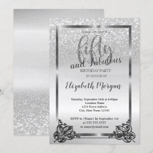 Invitación Elegante marco de plata brillo Cumpleaños 50 fiest