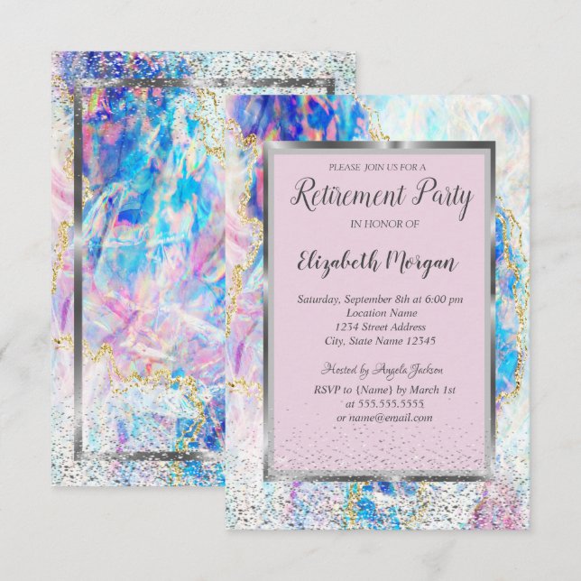 Invitación Elegante marco de plata Confeti Ópalo Jubilación  (Anverso / Reverso)