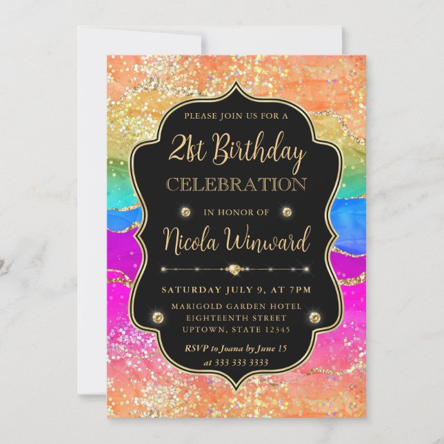 Invitación Elegante marco de purpurina dorada arcoíris para c (Anverso)