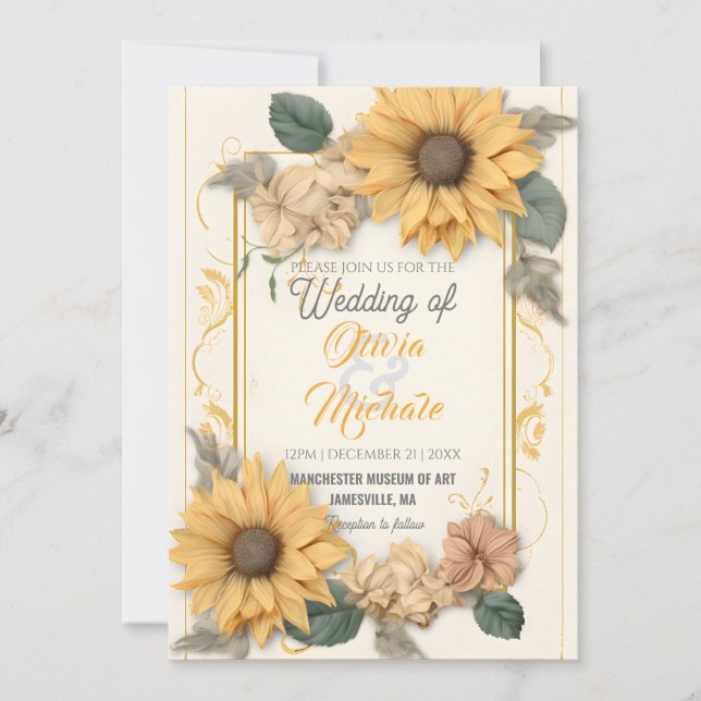 Invitación Elegante marco de vegetación Boda neutro girasol (Anverso)