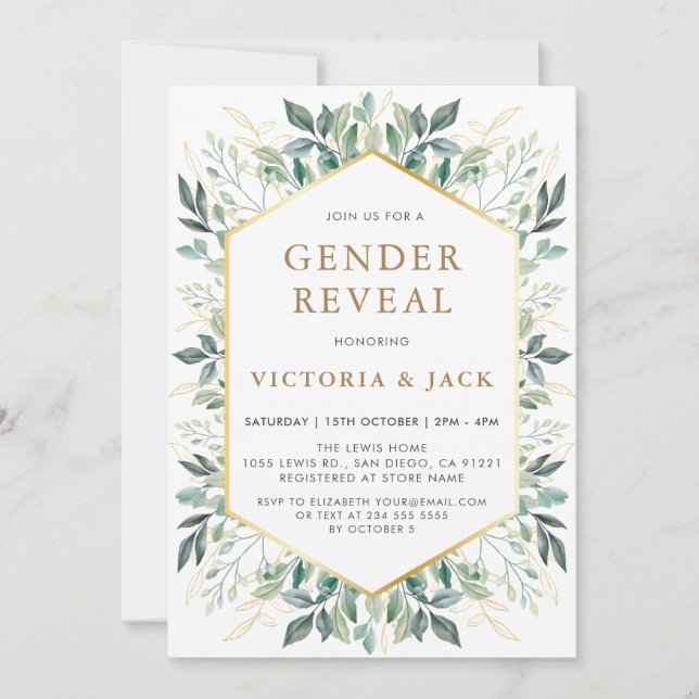 Invitación Elegante marco de verde dorado género revelación (Anverso)