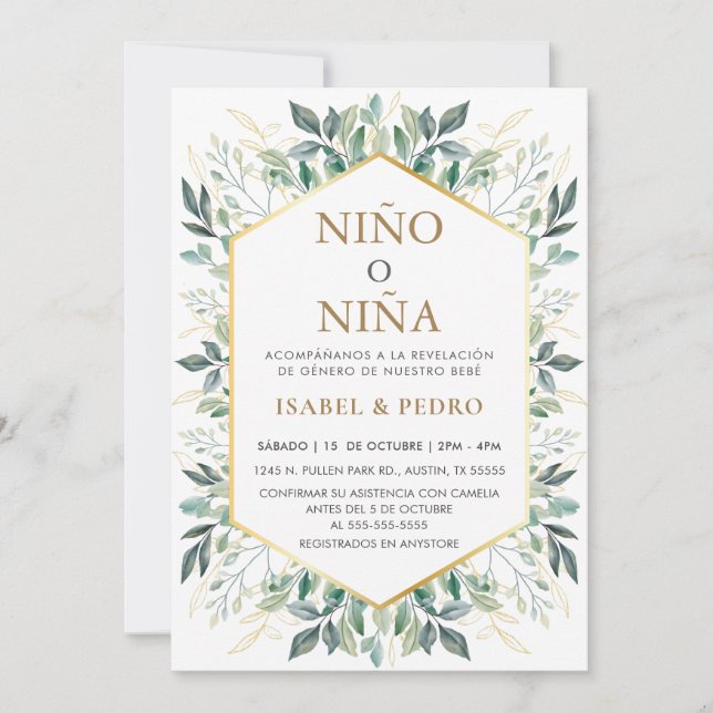 Invitación Elegante marco de verde dorado Revelación de géner (Anverso)