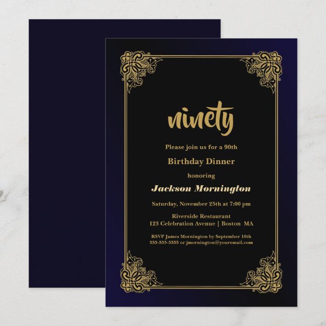 Invitación Elegante marco dorado 90º cumpleaños cena (Anverso / Reverso)