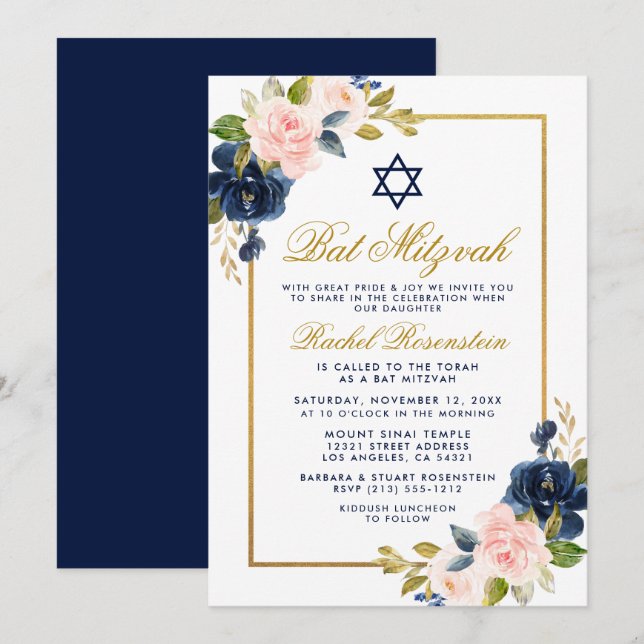 Invitación Elegante marco dorado azul rosado floral Mitzvah (Anverso / Reverso)