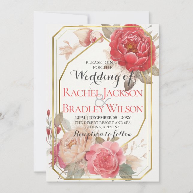 Invitación Elegante marco dorado Boda de Peones Rojos Rosa de (Anverso)