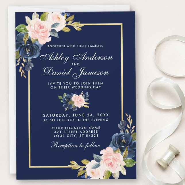 Invitación Elegante marco dorado Boda floral azul Rubor rosa (Customize to change text size, style or color of back of card.)