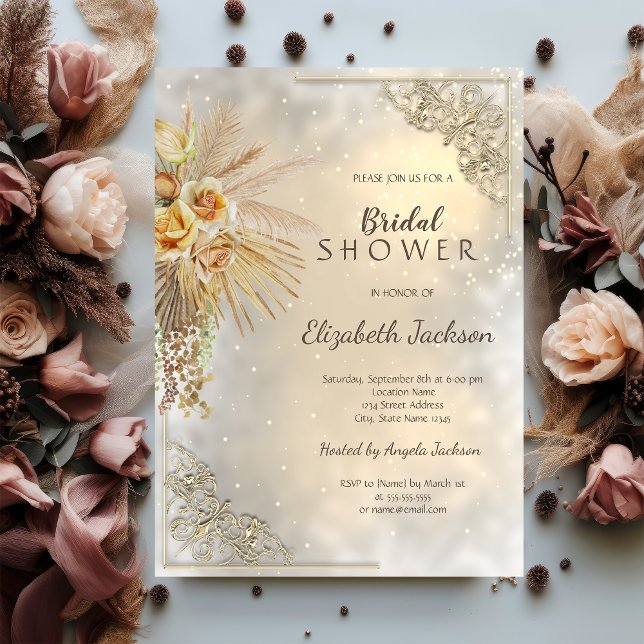 Invitación Elegante marco dorado Boho Flores Bridal Shower (Subido por el creador)