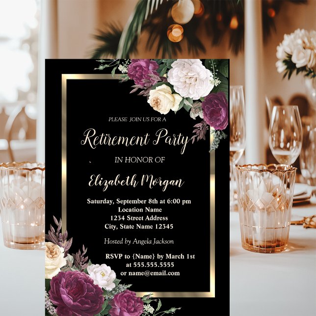 Invitación Elegante marco dorado Borgoña Jubilación floral (Subido por el creador)
