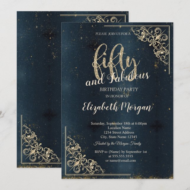 Invitación Elegante marco dorado Cumpleaños 50 oscuro azul  (Anverso / Reverso)