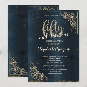 Invitación Elegante marco dorado Cumpleaños 50 oscuro azul 