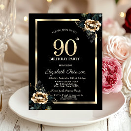 Invitación Elegante marco dorado de flor negro 90 cumpleaños