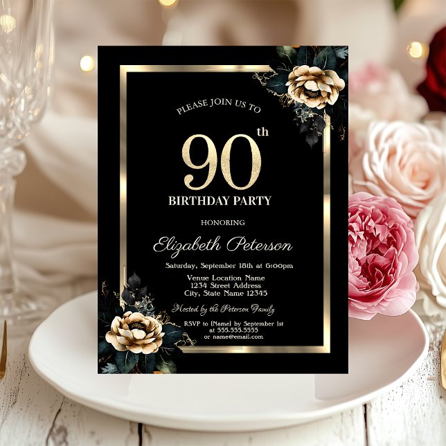 Invitación Elegante marco dorado de flor negro 90 cumpleaños (Subido por el creador)