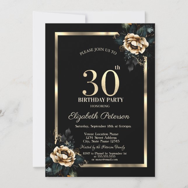 Invitación Elegante marco dorado de flores negro 30 cumpleaño (Anverso)