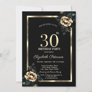 Invitación Elegante marco dorado de flores negro 30 cumpleaño