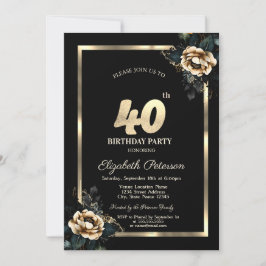 Invitación Elegante marco dorado de flores negro 40 cumpleaño