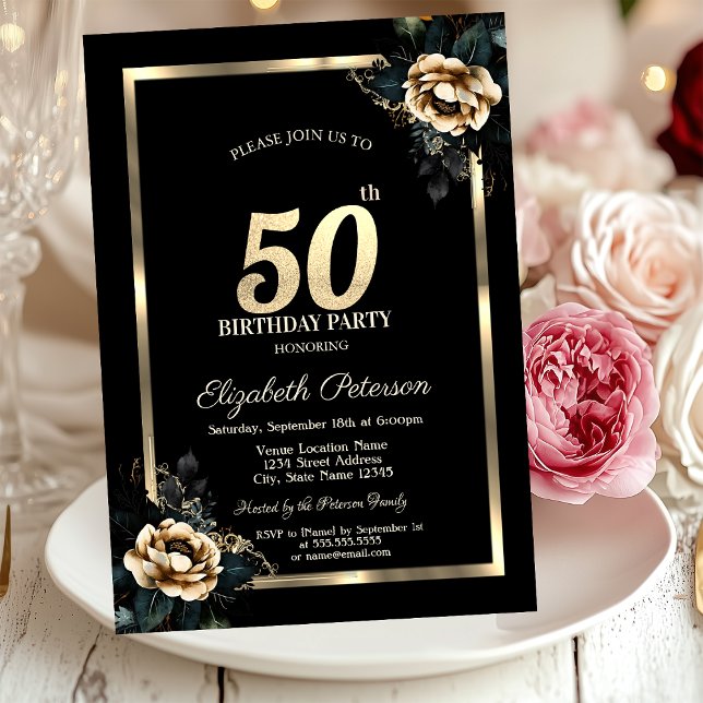 Invitación Elegante marco dorado de flores negro 50 cumpleaño (Subido por el creador)