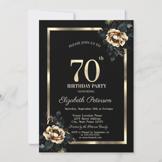 Invitación Elegante marco dorado de flores negro 70 cumpleaño (Anverso)