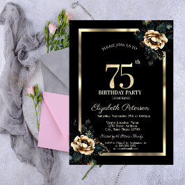 Invitación Elegante marco dorado de flores negro 75 cumpleaño