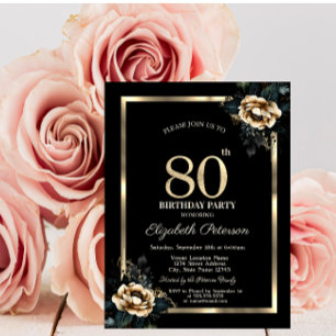 Invitación Elegante marco dorado de flores negro 80 cumpleaño
