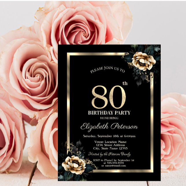 Invitación Elegante marco dorado de flores negro 80 cumpleaño (Subido por el creador)